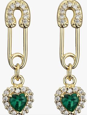 14 K Gold Plated Safety Pin Drop Earrings with Emerald Heart Charm NWT